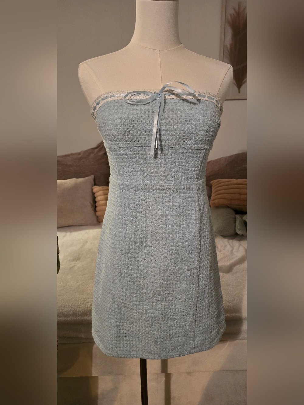 Altar'd State Light Blue Strapless Mini Dress with Lace Trim